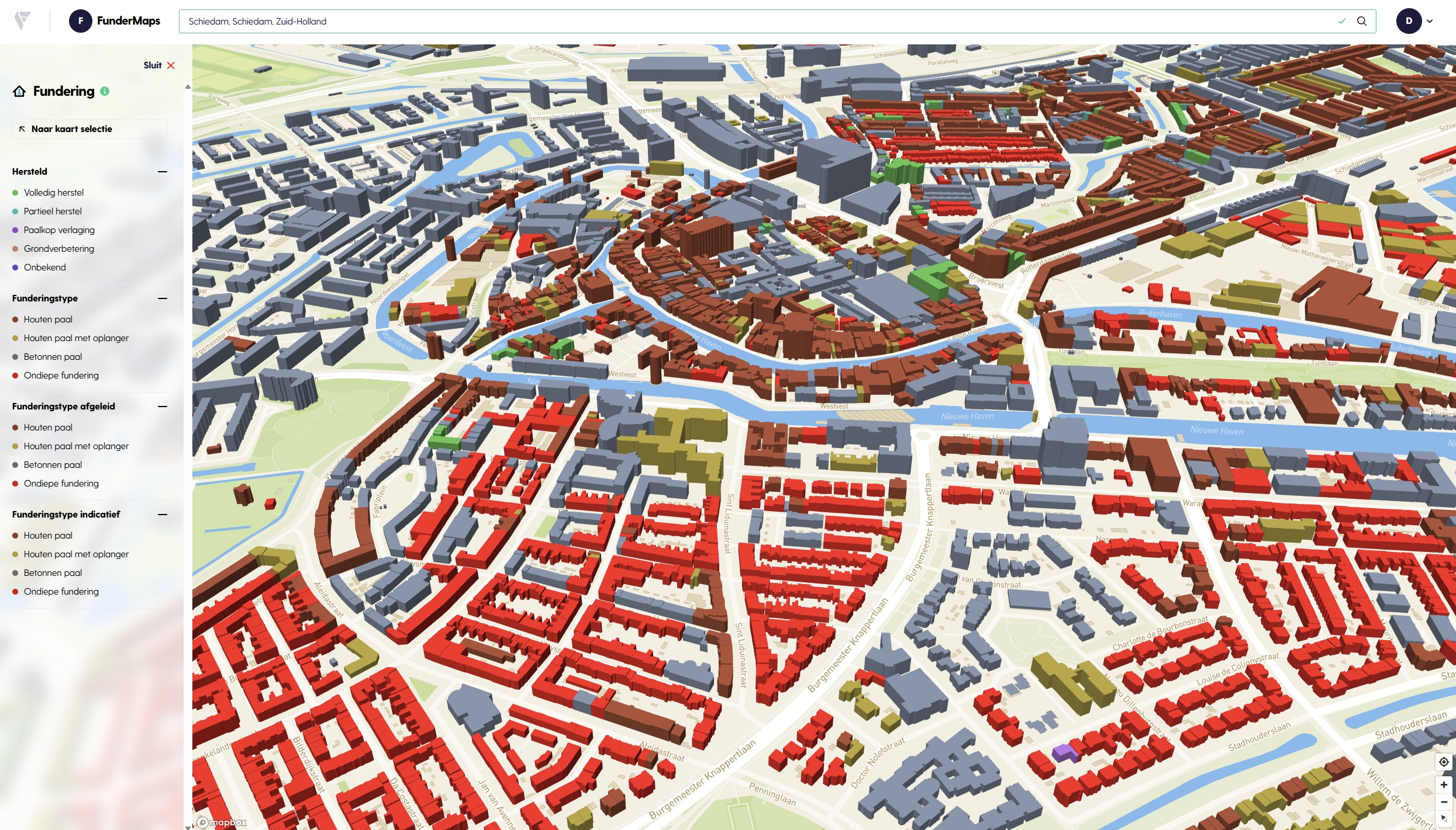 Schermafbeelding van de FunderMaps mapviewer met pandselectie en risicogegevens